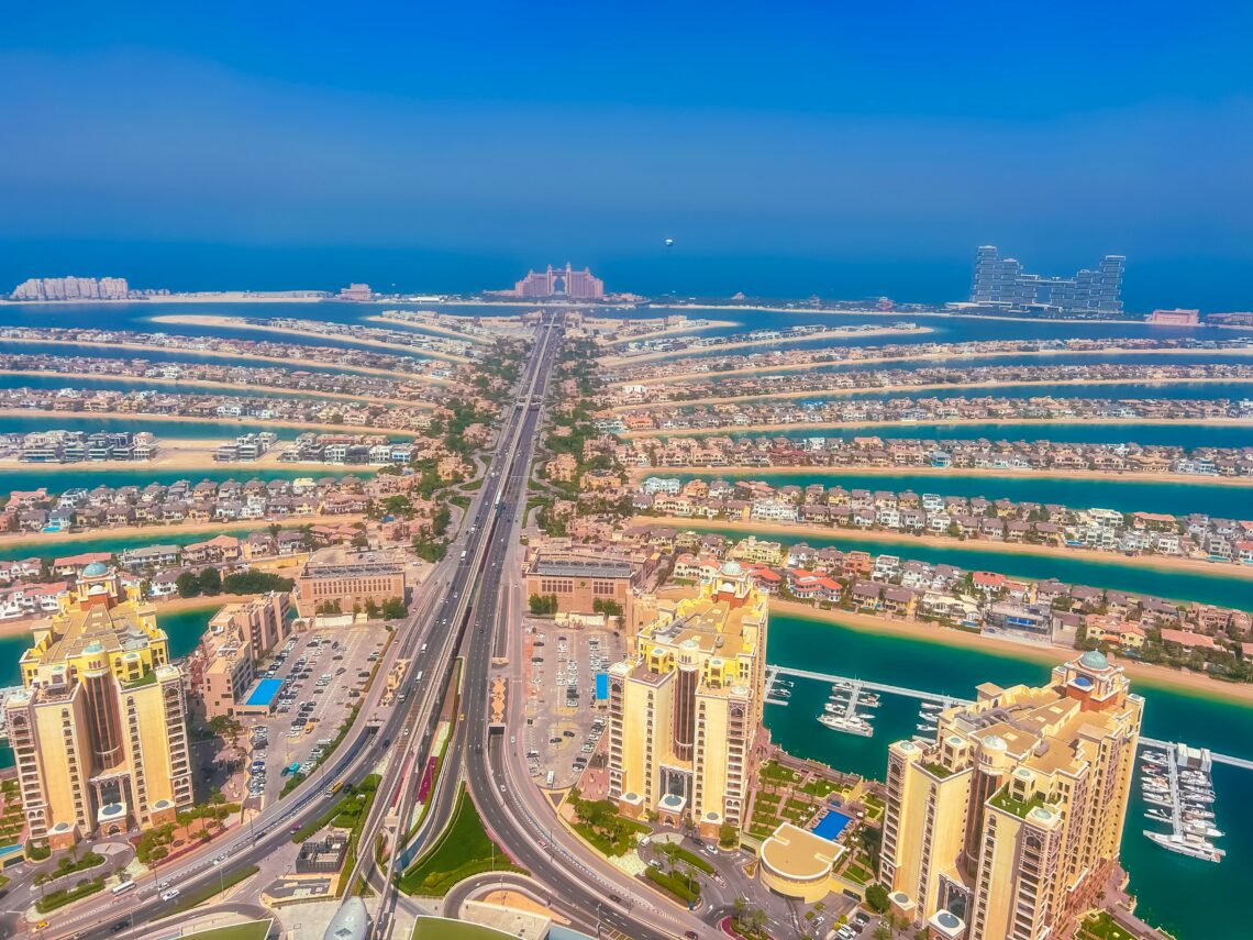 Aerial view of Palm Jumeirah luxury villas in Dubai.