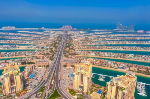 Aerial view of Palm Jumeirah luxury villas in Dubai.